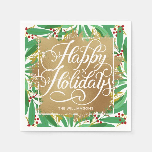 Gold Faux Foil Happy Holidays Greenery Berries Napkins (Front)