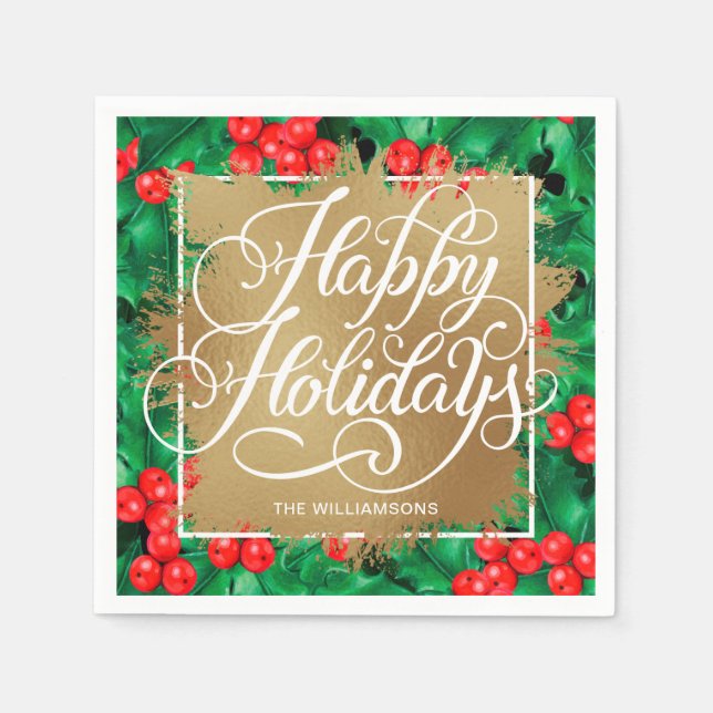 Gold Faux Foil Happy Holidays Holly Berries Napkins (Front)