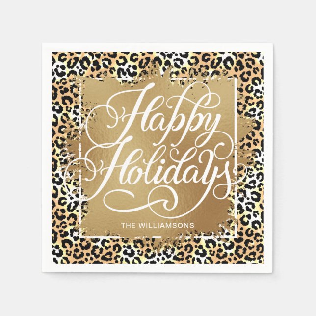 Gold Faux Foil Happy Holidays Leopard Print Napkins (Front)
