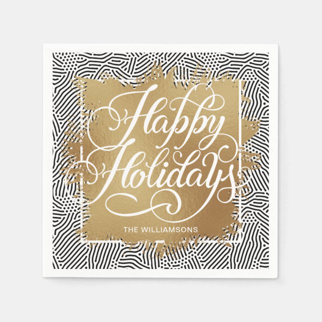 Gold Faux Foil Happy Holidays Modern Black  Napkins (Front)