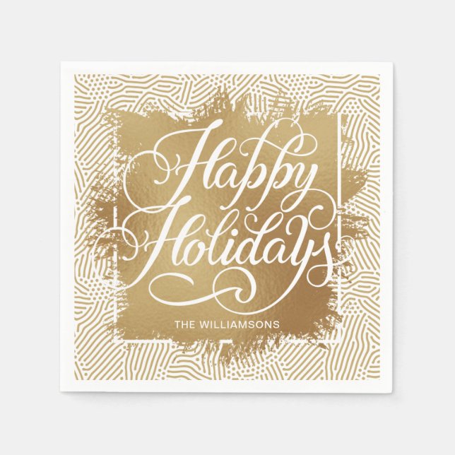 Gold Faux Foil Happy Holidays Modern Napkins (Front)