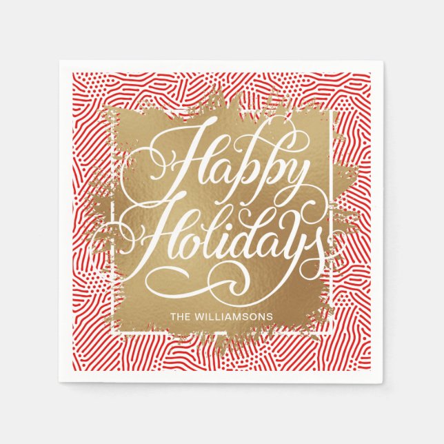 Gold Faux Foil Happy Holidays Modern Red Napkins (Front)