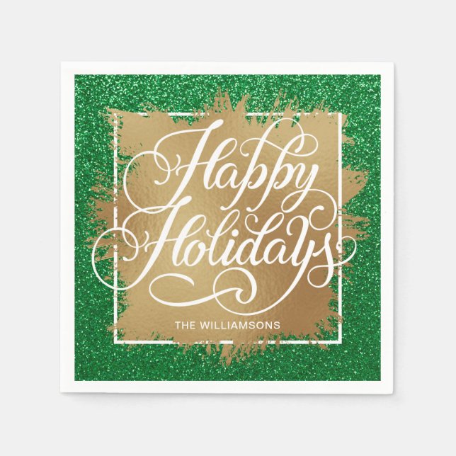 Gold Faux Foil Happy Holidays on Green Glitter Napkins (Front)