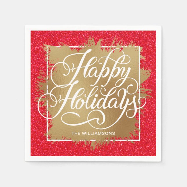 Gold Faux Foil Happy Holidays on Red Glitter Napkins (Front)