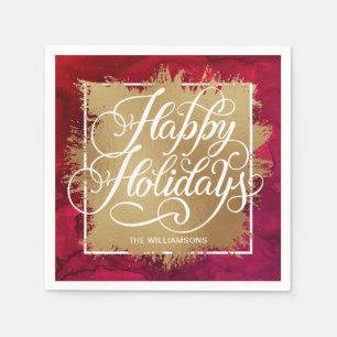 Gold Faux Foil Happy Holidays on Red Watercolor Napkins