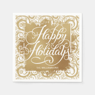 Gold Faux Foil Happy Holidays on Swirls Napkins