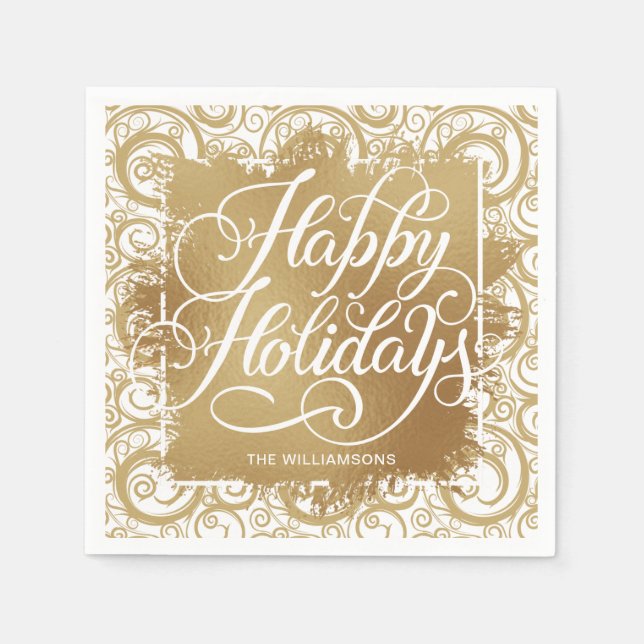 Gold Faux Foil Happy Holidays on Swirls Napkins (Front)
