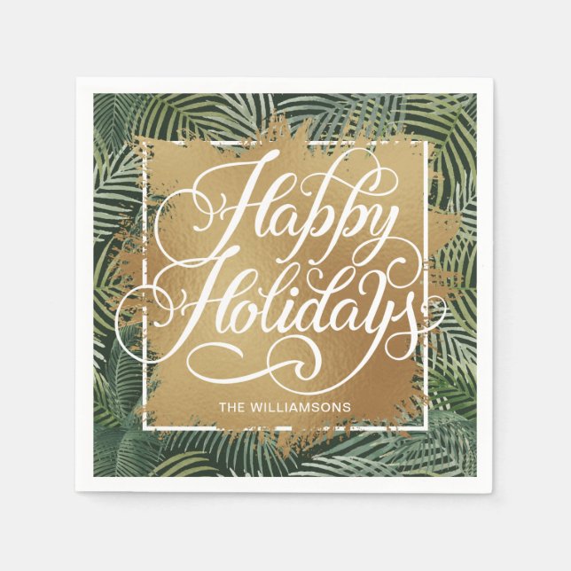Gold Faux Foil Happy Holidays Palm Fronds Napkins (Front)
