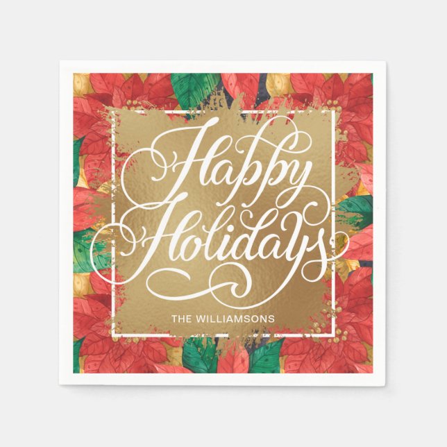 Gold Faux Foil Happy Holidays Poinsettia Napkins (Front)