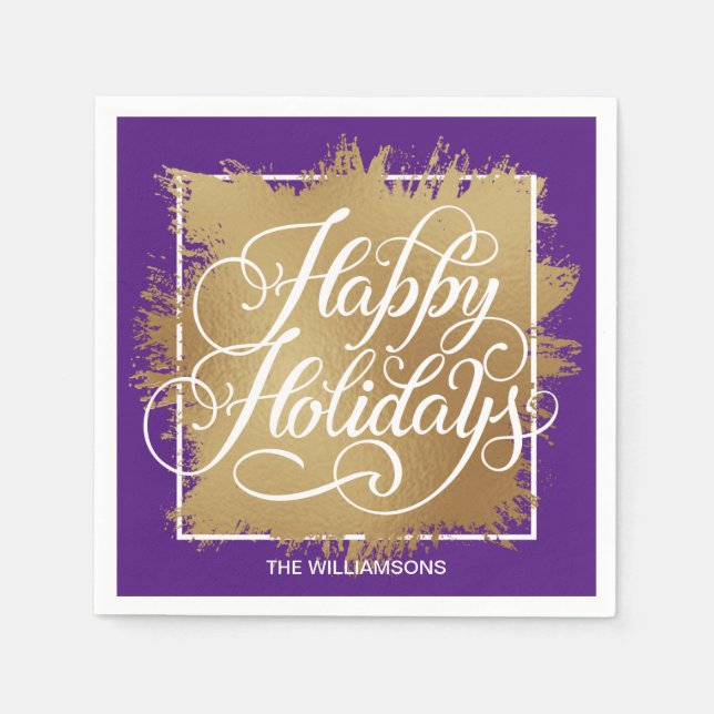 Gold Faux Foil Happy Holidays Purple Napkins (Front)