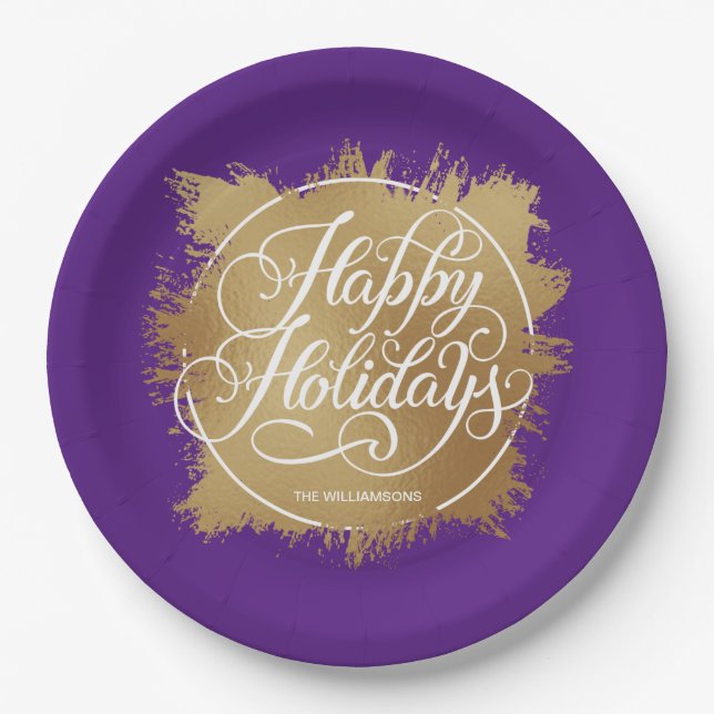 Gold Faux Foil Happy Holidays Purple Paper Plates (Front)