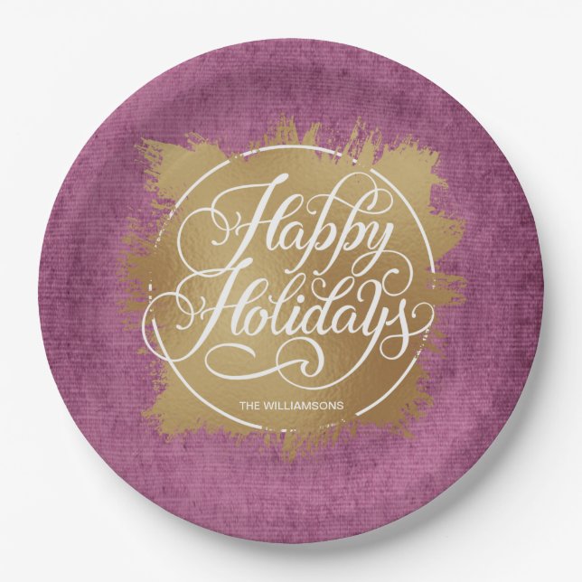 Gold Faux Foil Happy Holidays Purple Paper Plates (Front)