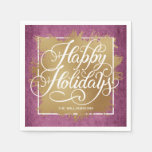 Gold Faux Foil Happy Holidays Purple Pattern Napkins
