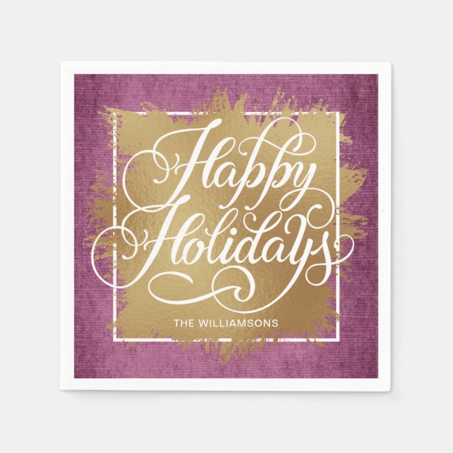 Gold Faux Foil Happy Holidays Purple Pattern Napkins (Front)