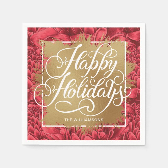 Gold Faux Foil Happy Holidays Red Floral  Napkins (Front)