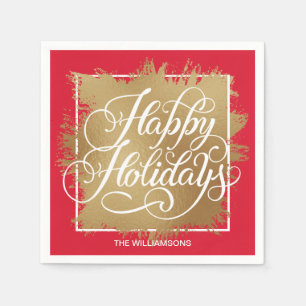 Gold Faux Foil Happy Holidays Red Napkins