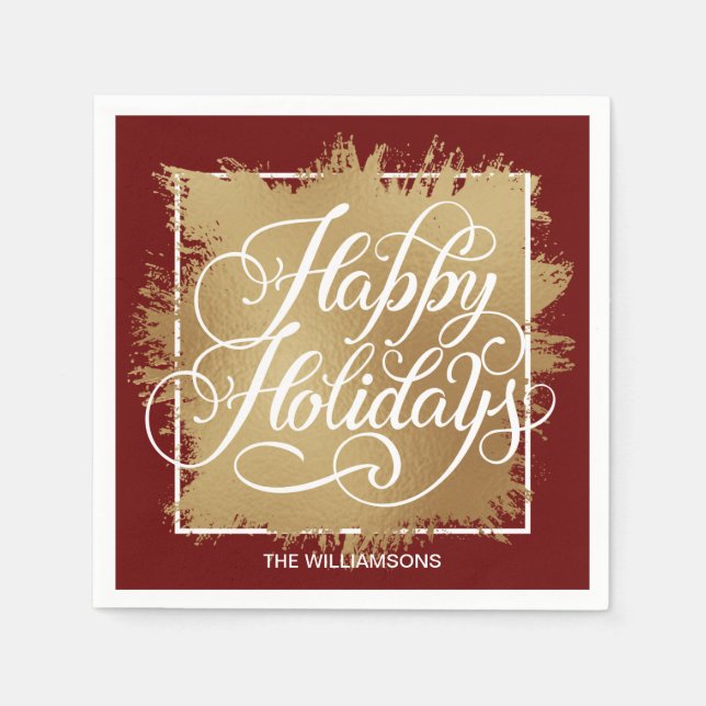 Gold Faux Foil Happy Holidays Red Napkins (Front)