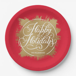 Gold Faux Foil Happy Holidays Red Paper Plates