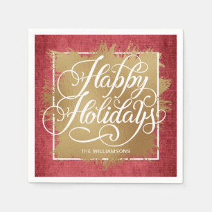 Gold Faux Foil Happy Holidays Red Pattern Napkins