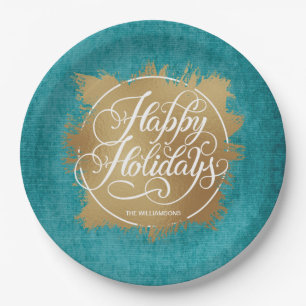 Gold Faux Foil Happy Holidays Turquoise Paper Plates