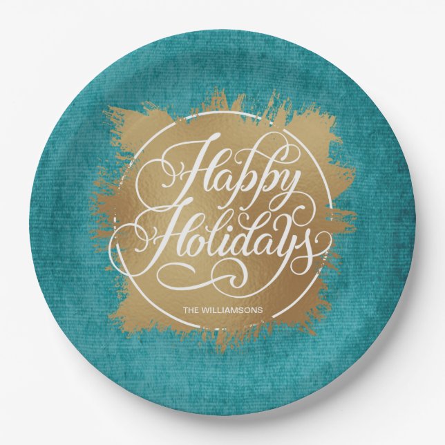 Gold Faux Foil Happy Holidays Turquoise Paper Plates (Front)