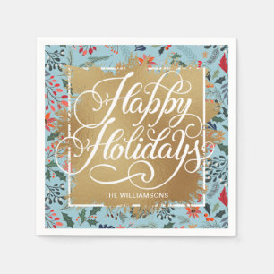 Gold Faux Foil Happy Holidays Winter Flowers Blue Napkins