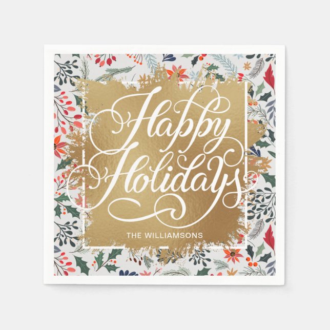 Gold Faux Foil Happy Holidays Winter Flowers Napkins (Front)