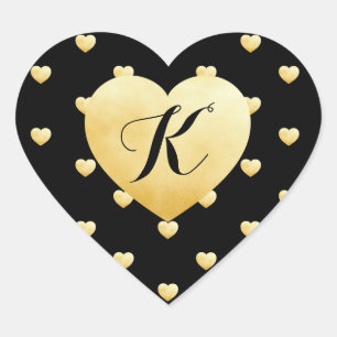 Gold Faux Foil Heart Pattern on Black Monogrammed Sticker