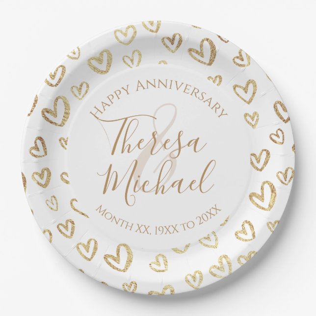 Gold Faux Foil Hearts Custom Saying Name Date Paper Plates (Front)