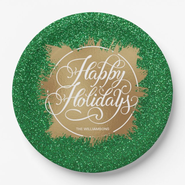Gold Faux Foil Holiday Christmas Green Glitter Paper Plates (Front)