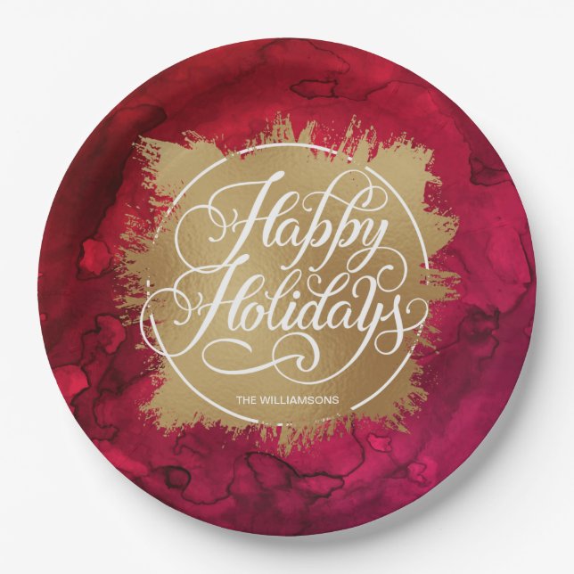 Gold Faux Foil Holiday Christmas Red Watercolor Paper Plates (Front)