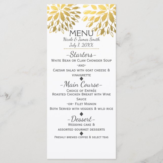 Gold Faux Foil Look Modern Flowers Floral Menu (Front)