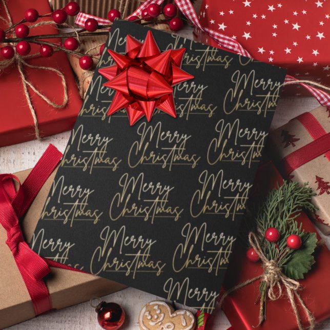 Gold Faux Foil Merry Christmas Black Wrapping Paper Sheets (Creator Uploaded)