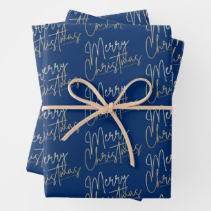 Gold Faux Foil Merry Christmas Blue Wrapping Paper Sheets