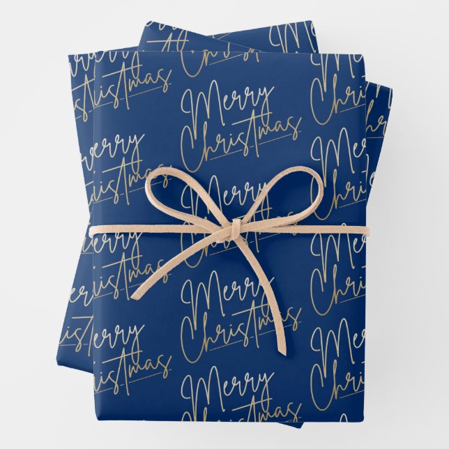 Gold Faux Foil Merry Christmas Blue Wrapping Paper Sheets (In situ)
