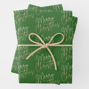 Gold Faux Foil Merry Christmas Green Wrapping Paper Sheets