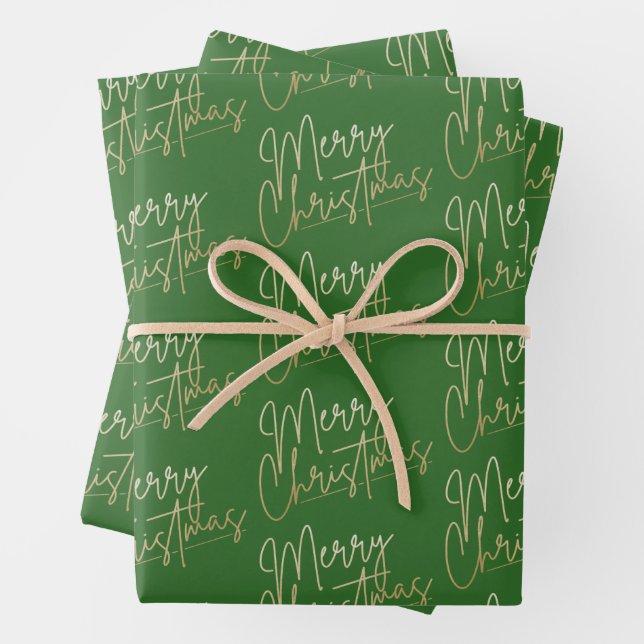 Gold Faux Foil Merry Christmas Green Wrapping Paper Sheets (In situ)