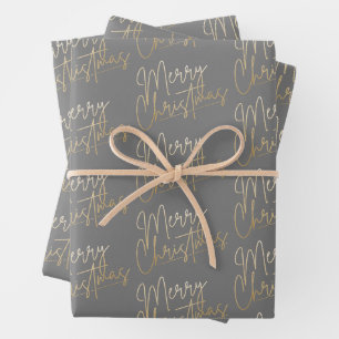 Gold Faux Foil Merry Christmas Grey Wrapping Paper Sheets