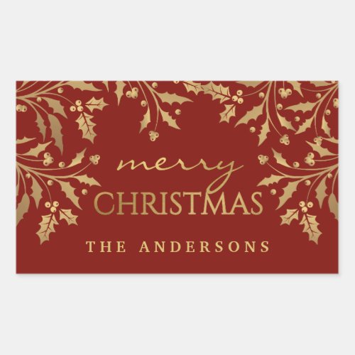 Gold Faux Foil Merry Christmas Holly Branches Rectangular Sticker