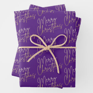 Gold Faux Foil Merry Christmas on Purple Wrapping Paper Sheets