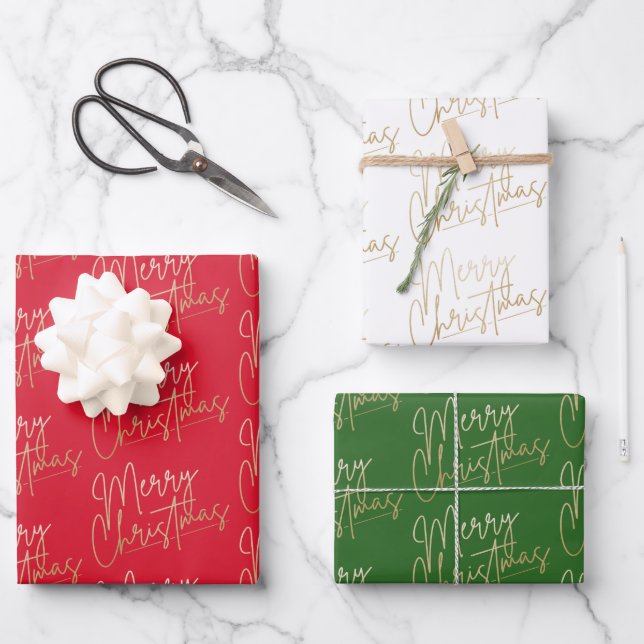 Gold Faux Foil Merry Christmas Wrapping Paper Sheets (Front)