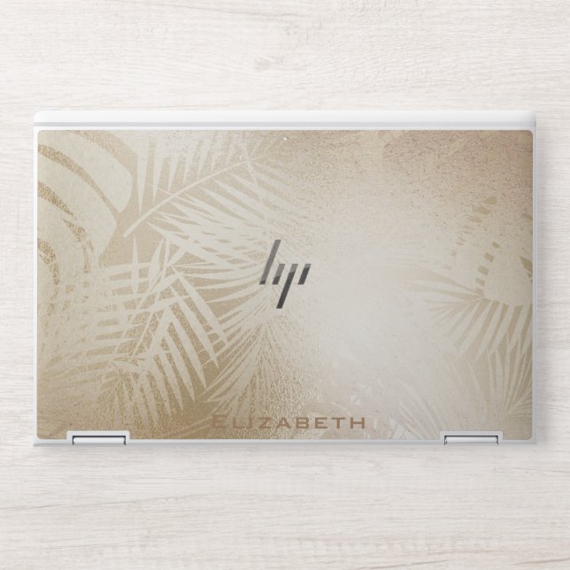 Gold faux foil palm leaves tropical monogram HP laptop skin (Front)