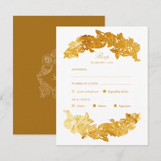 Gold Faux Foil Rococo Meal Choice RSVP Card (Front/Back)