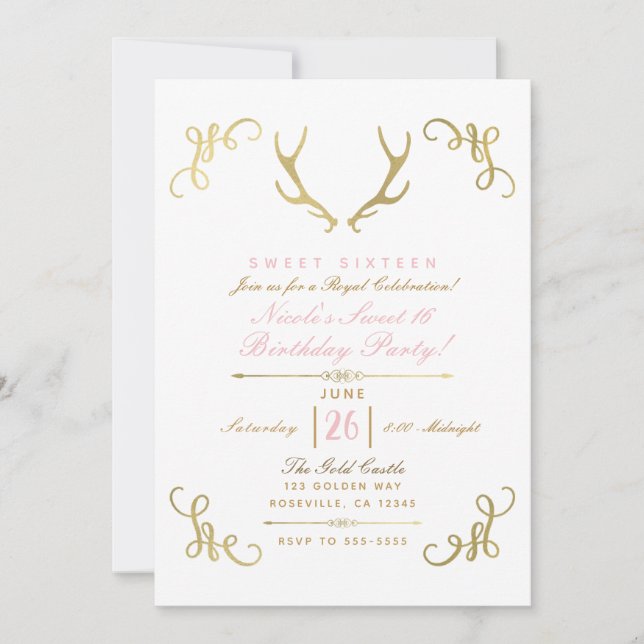 Gold Faux Foil Rustic Deer Antlers Sweet 16 Party Invitation (Front)