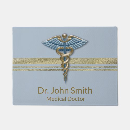 Gold Faux Foil Stripes Light Blue Caduceus Medical Doormat