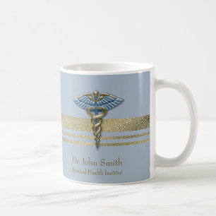 Gold Faux Foil Stripes Medical Light Blue Caduceus Coffee Mug