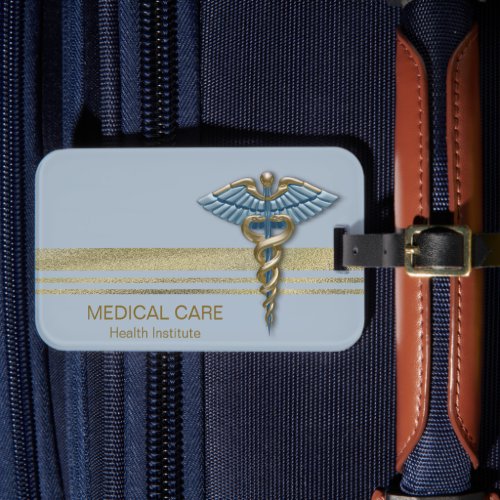 Gold Faux Foil Stripes Medical Light Blue Caduceus Luggage Tag