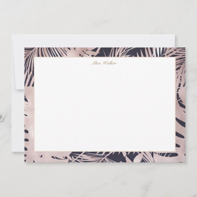 gold faux foil tropical leaves navy blue monogram note card (Front)