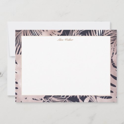 gold faux foil tropical leaves navy blue monogram note card