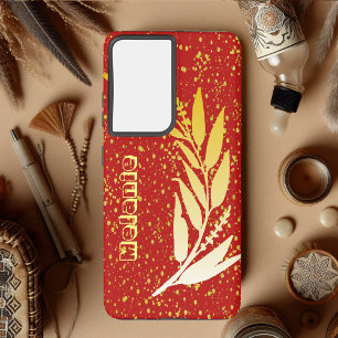 Gold Faux Foliage Glitter Custom Name Red Elegant Samsung Galaxy S21+ Case